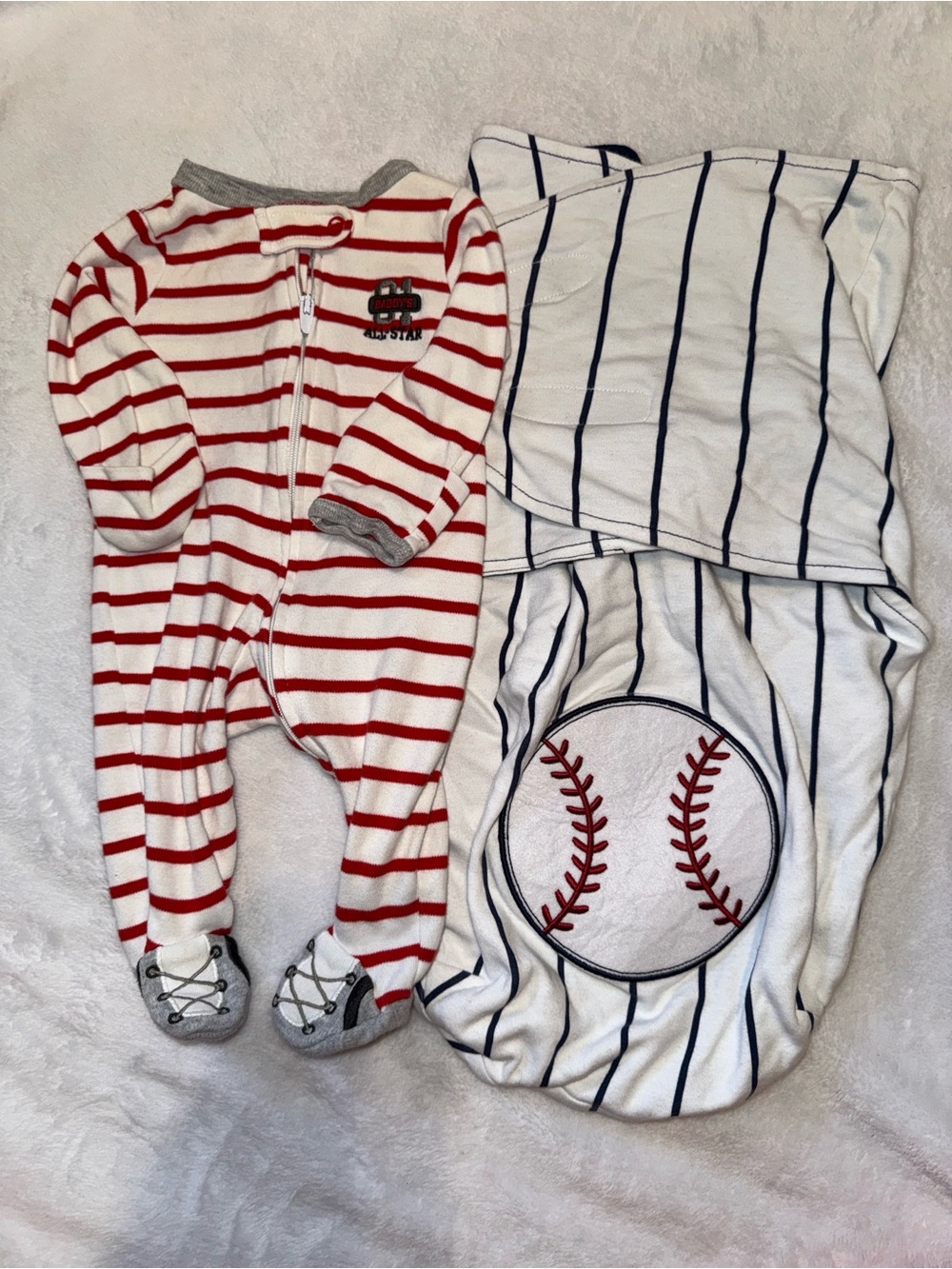 Striped Red & White baseball newborn One-Piece Footed Sleeper and sleep sack